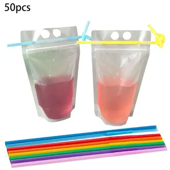 

50pcs Clear Drink Pouches Bags Smoothie Bags Reclosable Zipper Heavy Duty Hand-held Translucent Stand-up Plastic Pouche