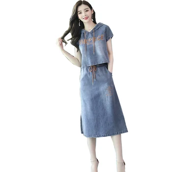 

Rlyaeiz Plus Size Woman Skirts Suit Denim Hooded Tops+Slim Denim Skirts Two-Pieces Sets Summer Females Denim Sets