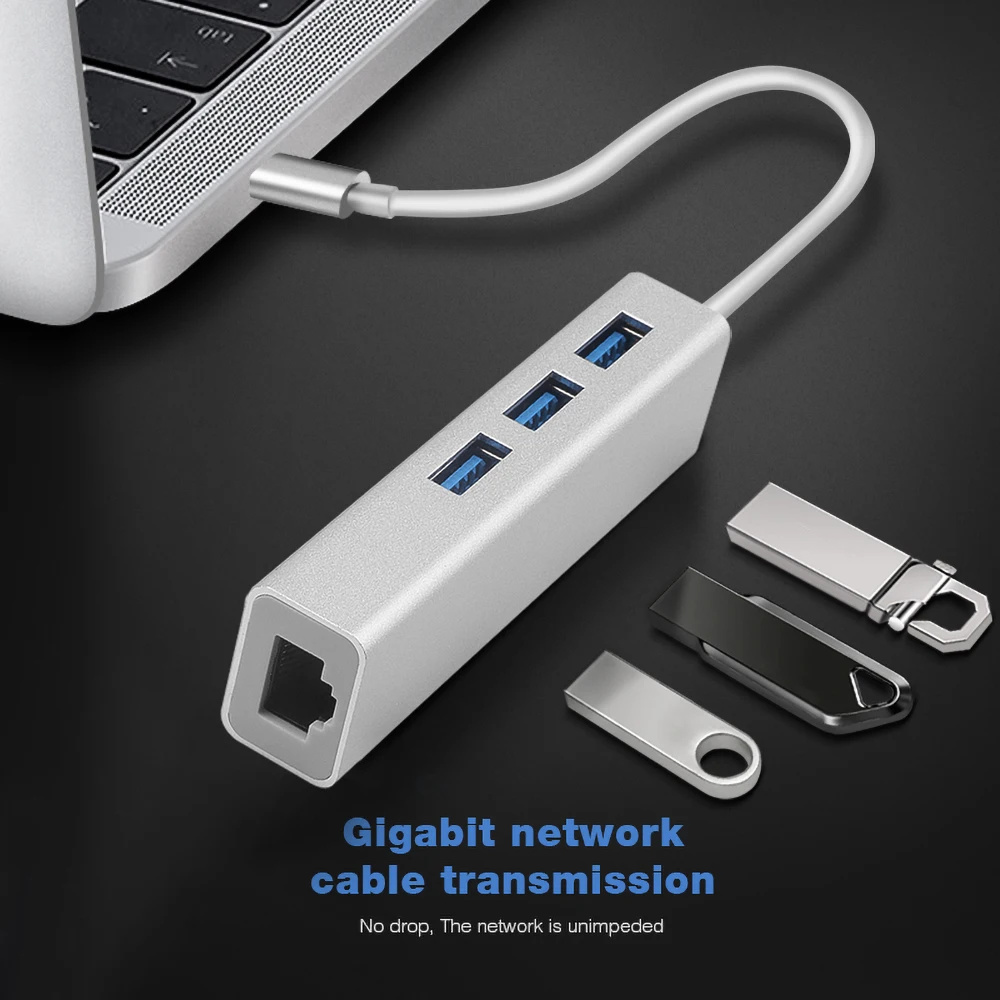 Kebidu USB C концентратор type C для Ethernet сетевой адаптер 1000 Мбит/с RJ45 Usb-c с 3 Usb 3,0 портами Usb разветвитель для MacBook Pro