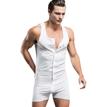 

Men Sexy Jumpsuits Sleeveless Button Breathable Undershirt Solid Fit Men Vest Male Comfortable Bodysuit