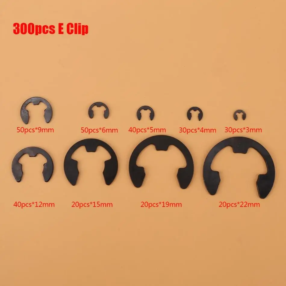 Уплотнительное кольцо шайбы 300 шт черный металл E-Clip E-ring вал удерживающие кольца ассортимент 3 мм-22 мм с коробкой из нержавеющей Омыватель