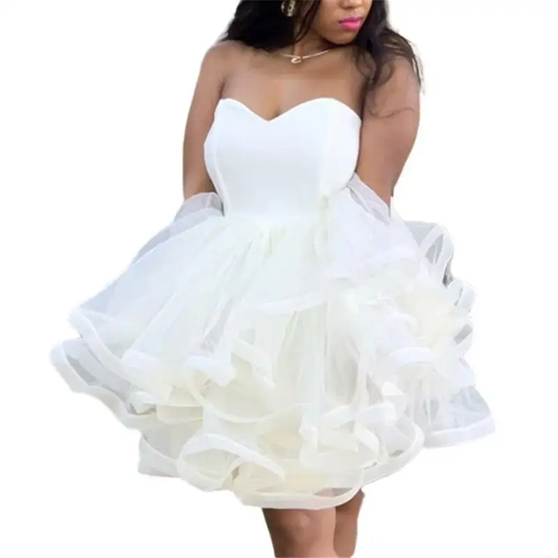

Summer Fall Strapless Sexy White Dress Women Mesh Tulle Mini Dresses Party Club Tutu Dress