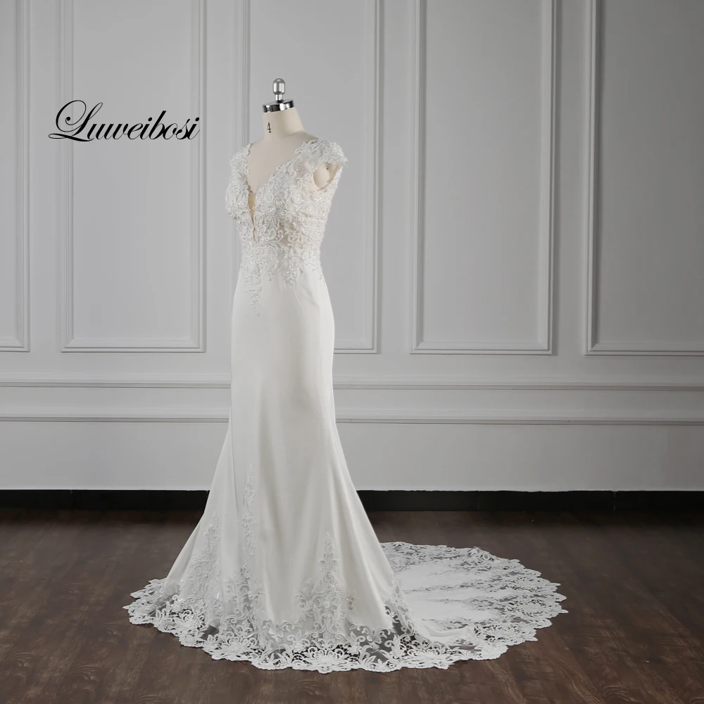 Реальное изображение Wellbirth Vestido de novia атласное кружевное свадебное платье русалки с рукавами-крылышками свадебное платье TT039