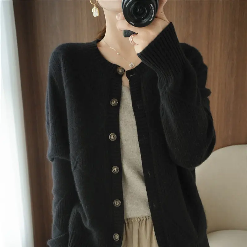 Pull Gilet Cardigan Femme – Beige Foncé – Taille 42/44 – Acrylique – Neuf