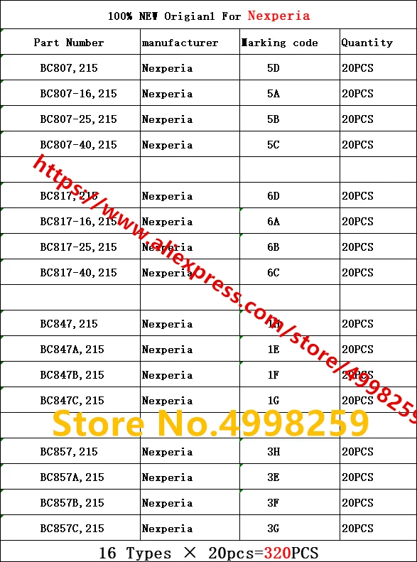 

320PCS BC807 BC817 BC847 BC857 5D 5A 5B 5C 6D 6A 6B 6C 1H 1E 1F 1G 3H 3E 3F 3G Transistors NPN PNP 45V 0.5A 0.1A SOT-23 Kit Pack