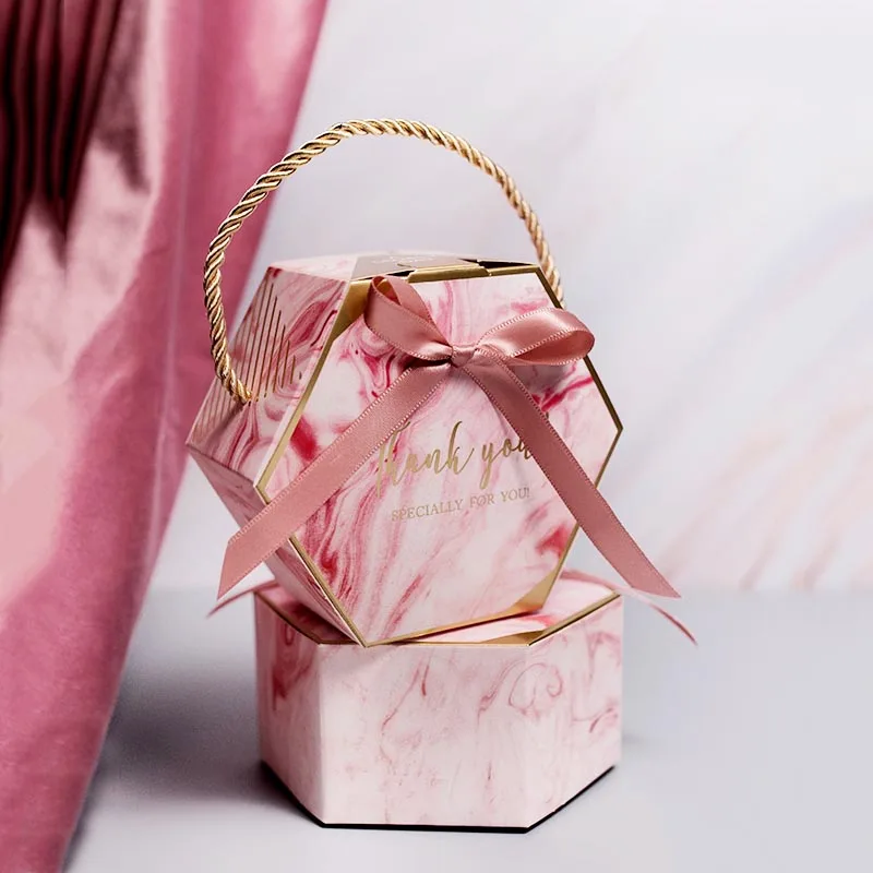 

10Pcs New Creative Pink/Gray Marble Texture Candy Box Paper Gift Boxes With Ribbons portable candy gift bags handles