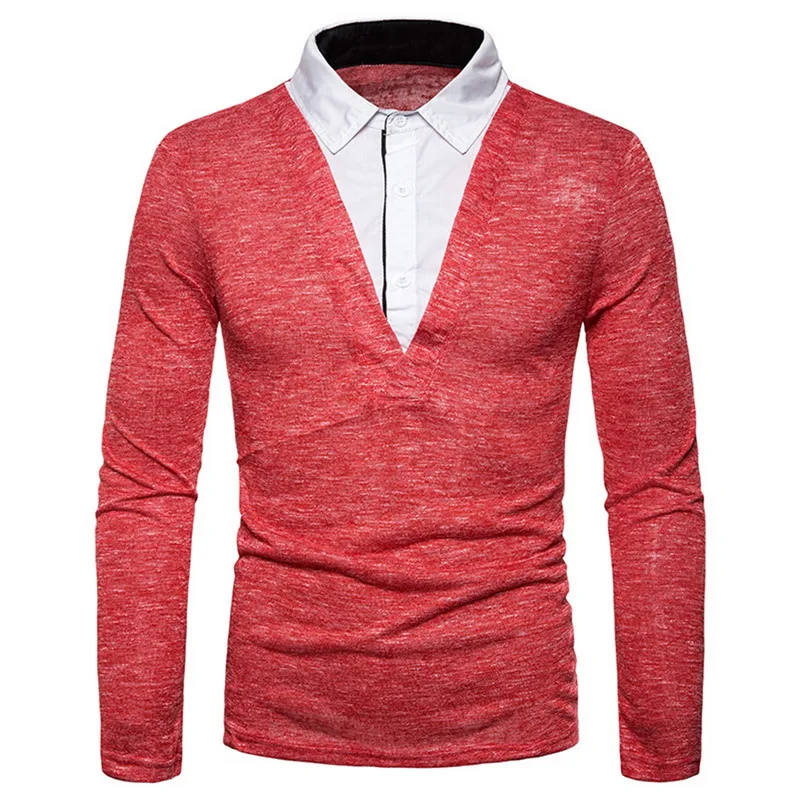 

Men Polo Shirts Long Sleeve Fake Two Pieces Blouse Collar Clothes Tops Pop Fashion Fake Two-piece Lapel Autumn Men Tee Shirt