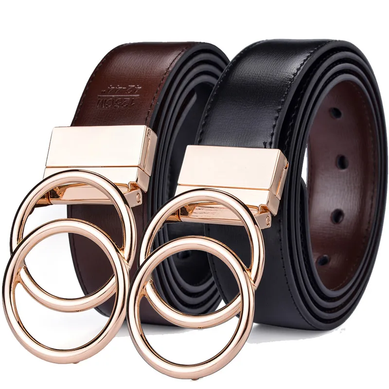 Women leather belt womens dress belt Leather Reversible Belt Double O Ring Rotate Buckle Two Side Waist Jeans Dress