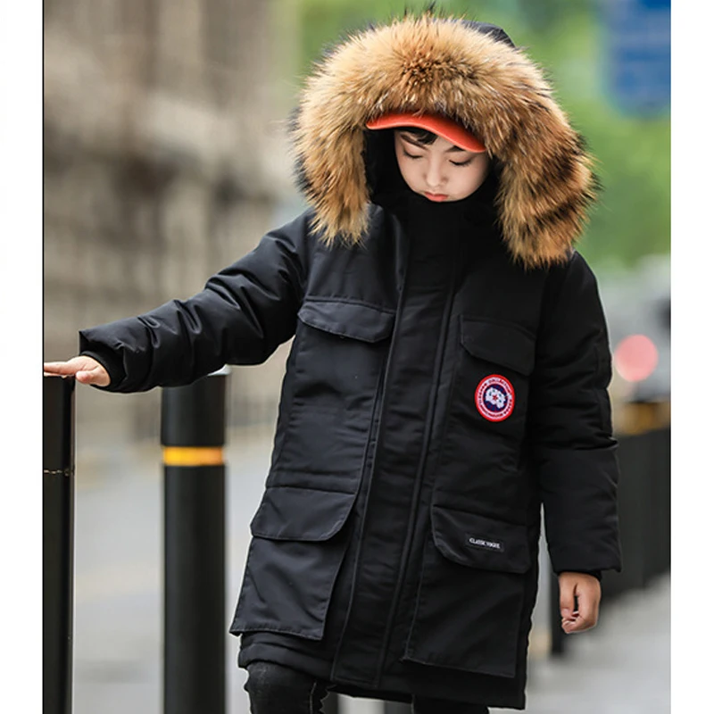 

big pocket boys down jacket toddler long coat nature fur collar tops 2019 winter warm boys kids jackets with windproof elastic band cuffs 5-12 years children clothes fit -30 Celsius