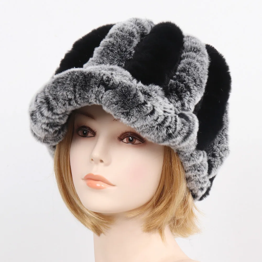

2020 New Women Knit Real Rex Rabbit Fur Striped Hats Winter Warm Floral Genuine Fur Caps Lady Natural Fur Hat Wholesale Retail