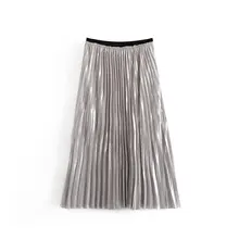 Новинка, Женская плиссированная юбка с эластичной резинкой на талии, повседневные Брендовые юбки цвета металлик QUN420