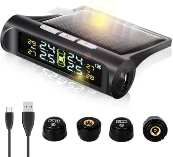 

TPMS Car Tire Pressure Monitoring System with Solar Power Universal Wireless LCD Display and 4 External Sensors Real-time
