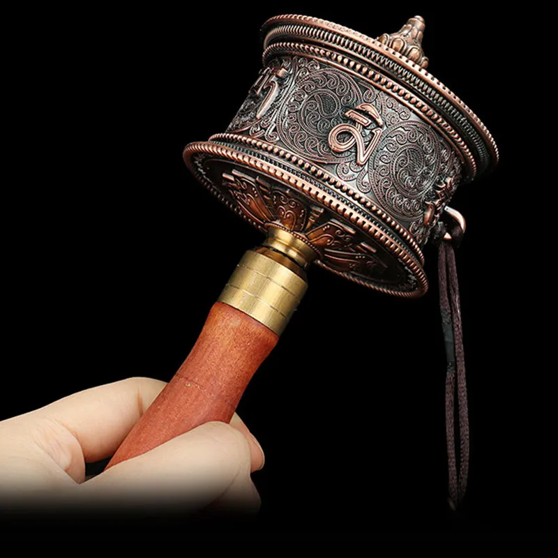 

21cm Red Copper Color Alloy Metal Decorate Carving Guanyin/Six Words Mantra/Scriptures Wooden Hand Cranking Prayer Wheel