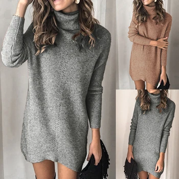 

Women's Solid Color Sweater Turtleneck Knitted Sweater Loose Sweater Long Sleeve Top Hollow Out Sweater Dress