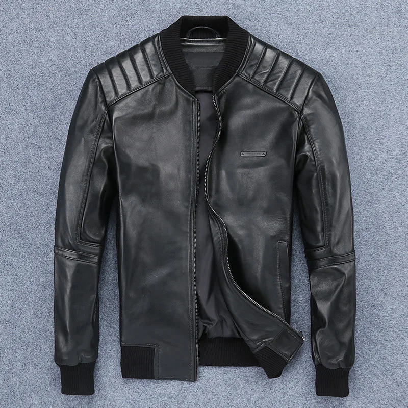 

2019 Top Quality Men Black Embroidery Genuine Leather Coats 3XL Motorcycle Jacket Real Thick Sheepskin Slim Fit