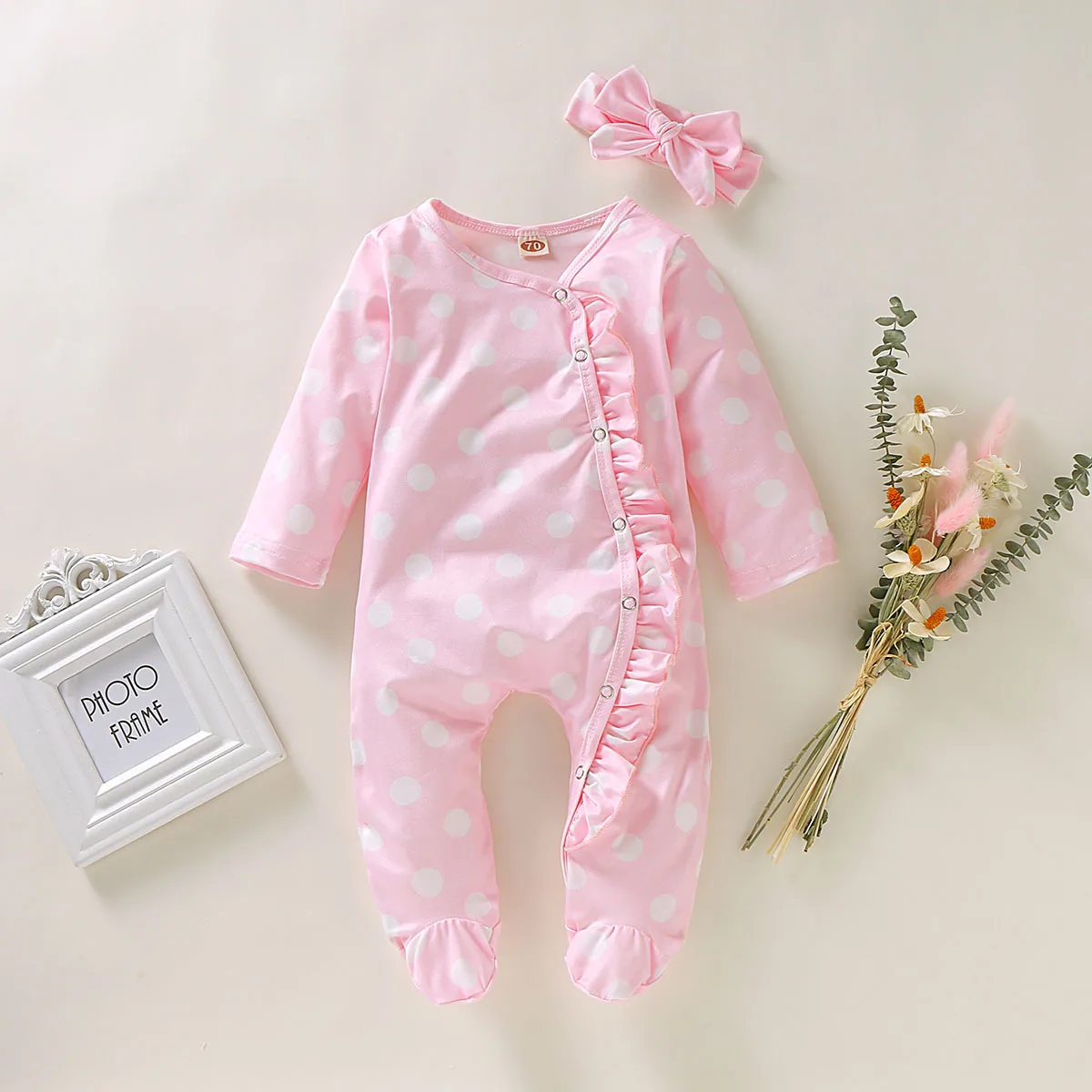 Spring Autumn Newborn Cotton Floral Baby Girls Rompers Toddler Baby Pajamas Headband 2pcs Long Sleeve Jumpsuit Kids Baby Clothes Baby Bodysuits cheap