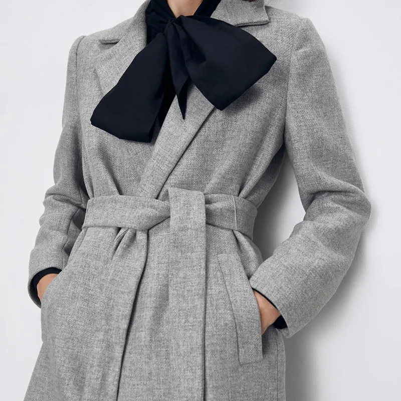 Onoti Molazo Coats Woolen Long Windcheater Casual Winter Sashes Pockets Chic Elegant Ladies Windbreaker Coat Female New