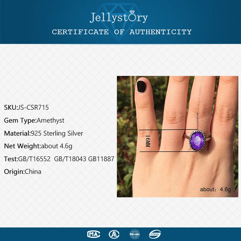 Jellystory элегантный 925 пробы Серебряные кольца с аметист в форме овала драгоценных камней ювелирные изделия кольцо для Для женщин свадебные подарки от 6 до 10 лет