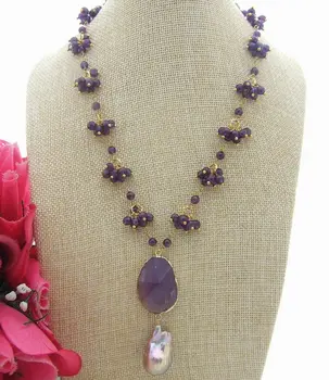 

S042714 17x29MM Keshi Pearl A1methyst Pendant Necklace