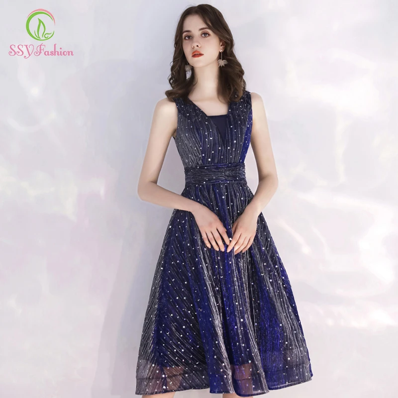 Женское банкетное платье SSYFashion элегантное короткое темно синего цвета с v