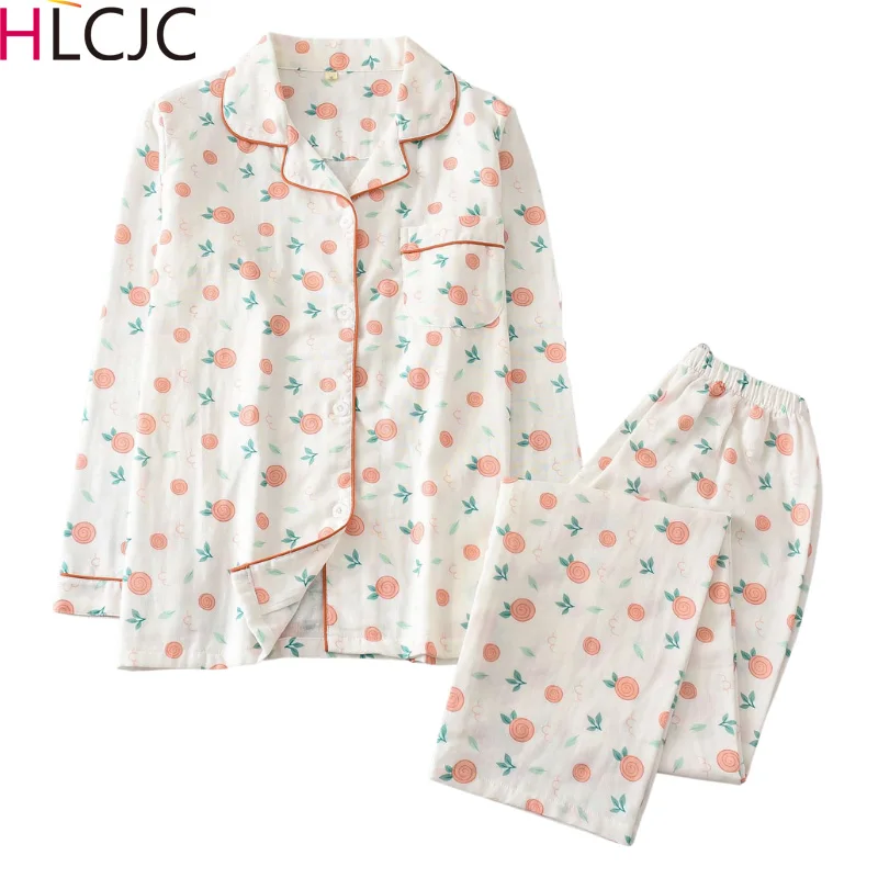 

Women Cotton Gauze Pajamas Long Sleeve Spring Pyjamas Femme Cartoon Sleepwear 2 Piece Casual Loose Sexy Nightwear Home Clothes