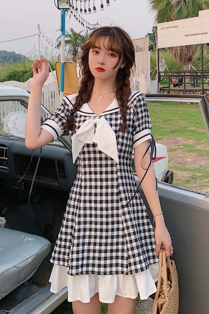 navy and red plaid dress