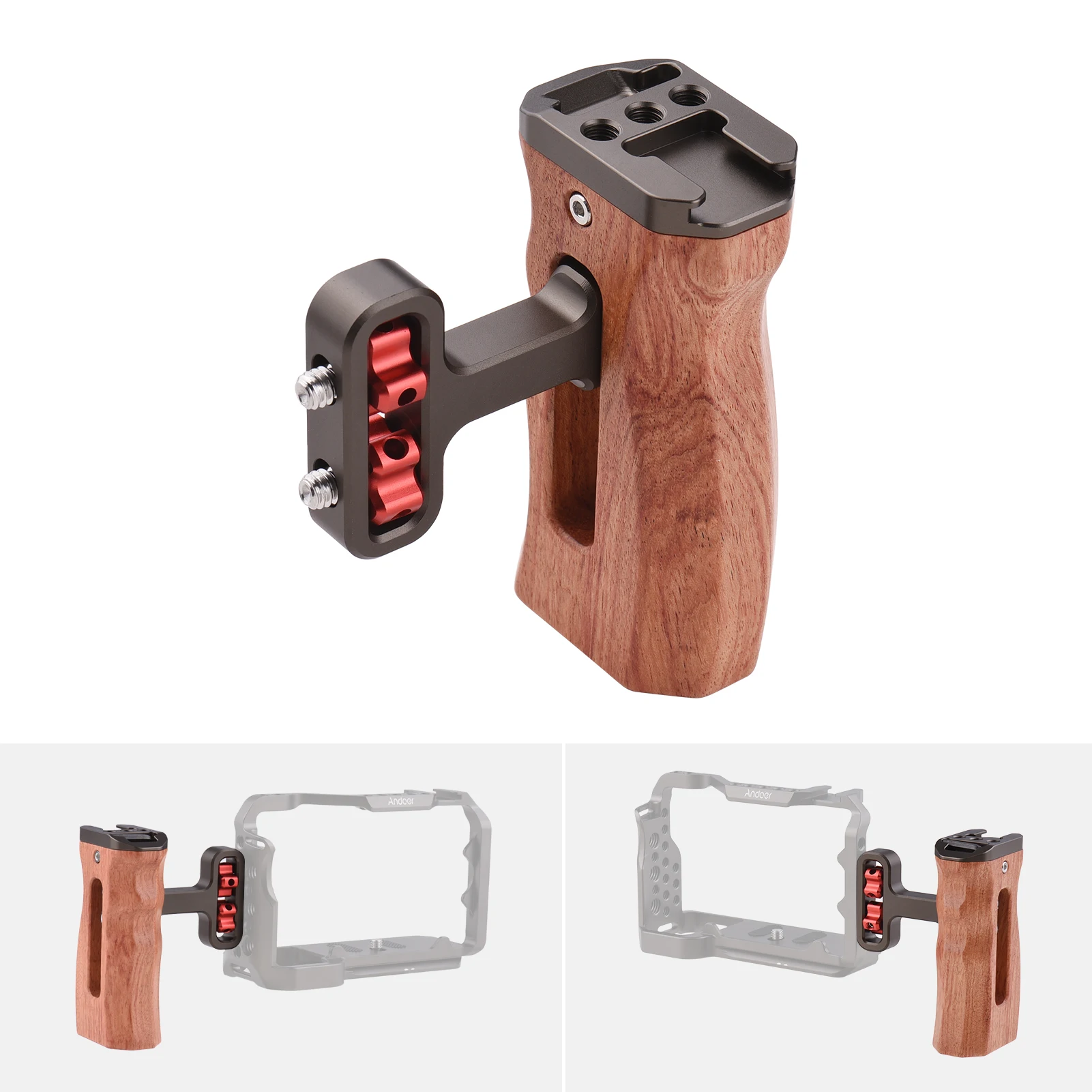 Photography Camera Cage Left/Right Side Handle Wooden Hand Grip with 1/4 Screw Hole Cold Shoe Mount for Camera Cage 1