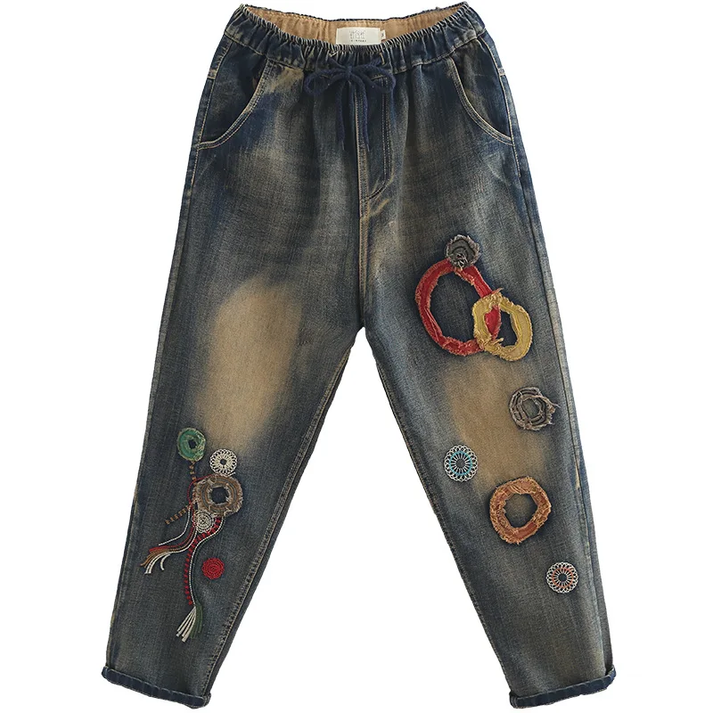 OMIKRON дизайн женские свободный хлопчатобумажный из Денима Джинсы бойфренда эластичные Высокая талия мультфильм вышивка шаровары брюки