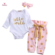 Pudcoco/Одежда для маленьких девочек из 3 предметов Топы в горошек, комбинезон с бабочкой и длинными рукавами, штаны повязка на голову, комплект детской одежды, комплект «HELLO WORLD»