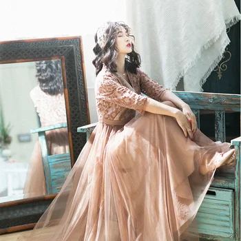 

Original Design AIGYPTOS Spring Women Vintage Elegant Slim Dresses Ladies Korean Sweet Embroidery Lace Mesh Patchwork Long Dress