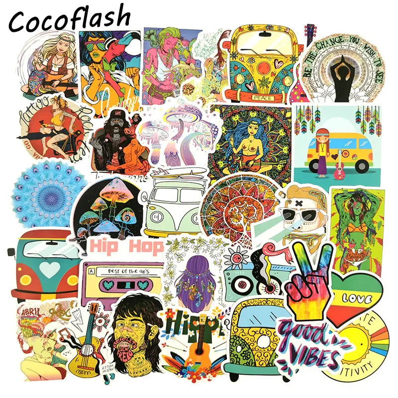10/50PCS Waterproof Colorful Hippie Animal Peace Stickers For Luggage Skateboard Bicycle Fridge Laptop Cute Cartoon Sticker Set