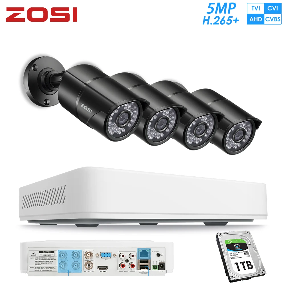 ZOSI 4 Channel HD 5MP 4-in-1 AHD CVBS CVI TVI Nightvision Security Detection Video Camera System with CCTV Bullet Camera DVR Kit