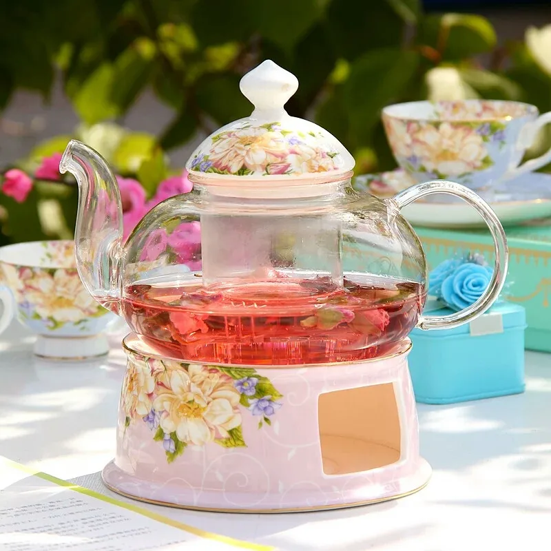 Pink Стеклянный чайник керамический колба для подогрева чая плита костюм костяного фарфора цветочный чайник жаростойкий стеклянный чайный сервиз - Цвет: Pink