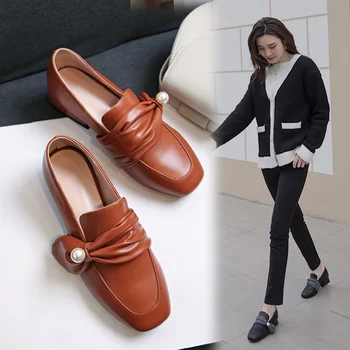 

High Heels Women Pumps Patent Leather Thick High Heels Loafers Shoes Casual Square Toe Shoes Female black brown Plus Size 32-43