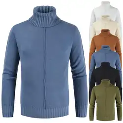 Мужские однотонные свитера с высоким воротом, вязаные свитера с длинными рукавами и отворотами, Зимний пуловер большого размера из плотной