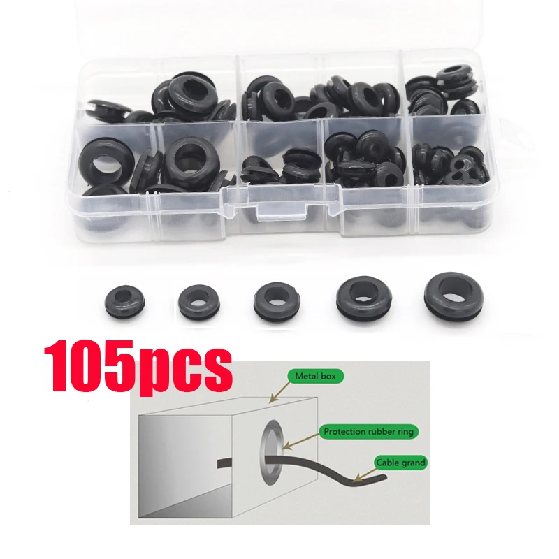 Rubber Grommets Ring Rubber Hole Plugs PT Waterproof Protect Wire Tool 5 Sizes Set Sealing Rubber Cables Grommet Kit Electrical Plugs Conductor Gasket Ring 105pcs