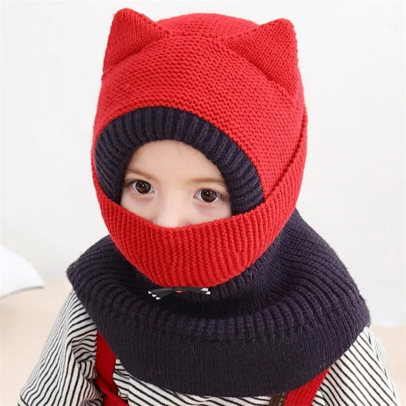 Вязаный шарф с капюшоном, детская шапка и шарф, детская маска, зимняя теплая Защитная шапка с ушками, шарфы для девочек, Аксессуары для мальчика - Цвет: Красный