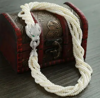 

Free Shipping Fine jewelry cubic zircon leopard head 4-5mm freshwater pearls multilayer choker necklaces