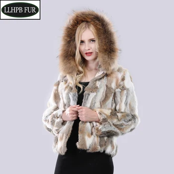 

Hot Sale Winter Women Real Rabbit Fur Hooded Coat Natural Rabbit Fur Jacket With Raccoon Fur Collar Lady Warm Real Fur Outerwear