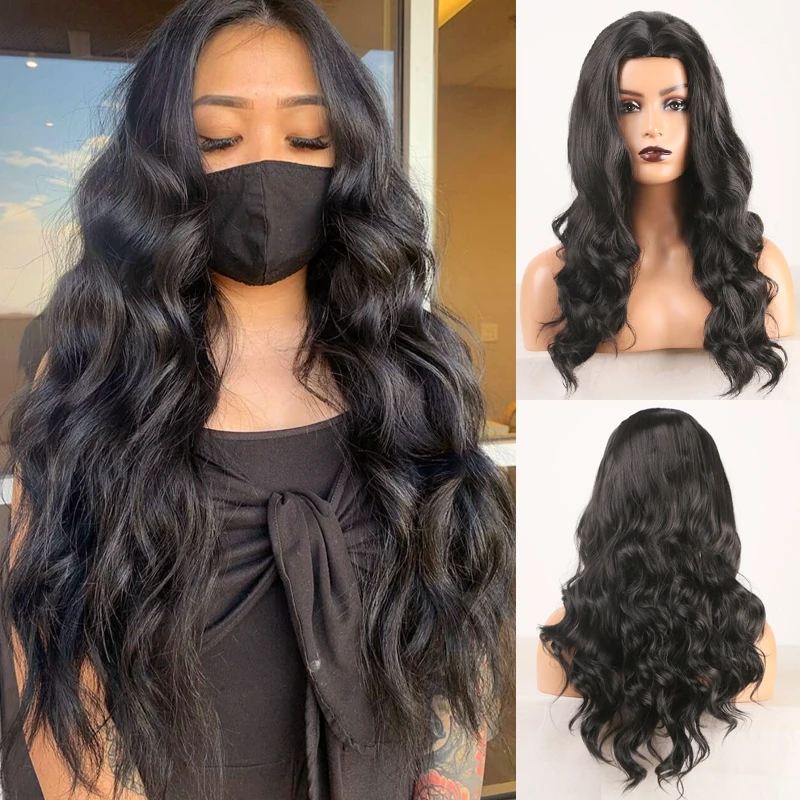 

RONGDUOYI Long Black Hair Synthetic Wig High Temperature Full Machine Made Wigs for Women Body Wave Heat Resistant Cosplay Wig