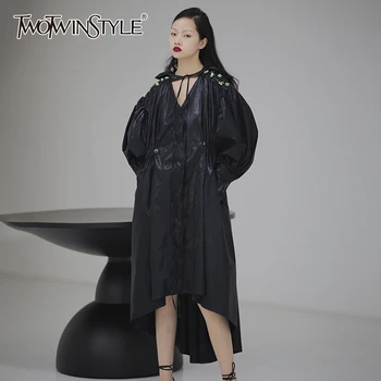 

TWOTWINSTYLE Patchwork Flows Women Windbreaker Hooded Puff Long Sleeve Loose Long Irregular Wind Coat Female Fashion Clothing
