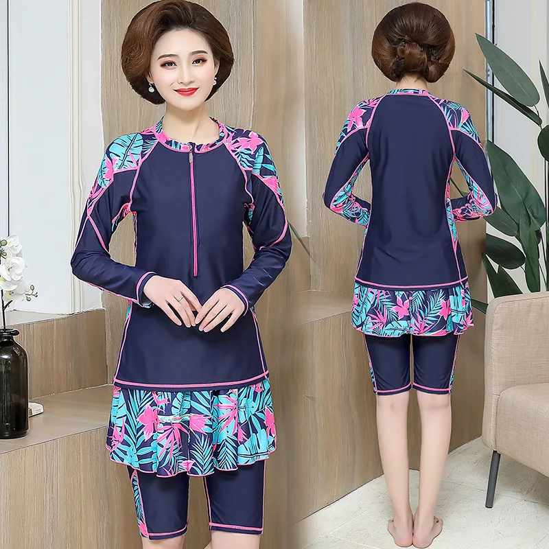 

Long-sleeved Swimsuit Women's Plus-sized Split Skirt-Shorts Two-Piece Set Large Size Bubble Hot Spring Conservative Diving Mothe