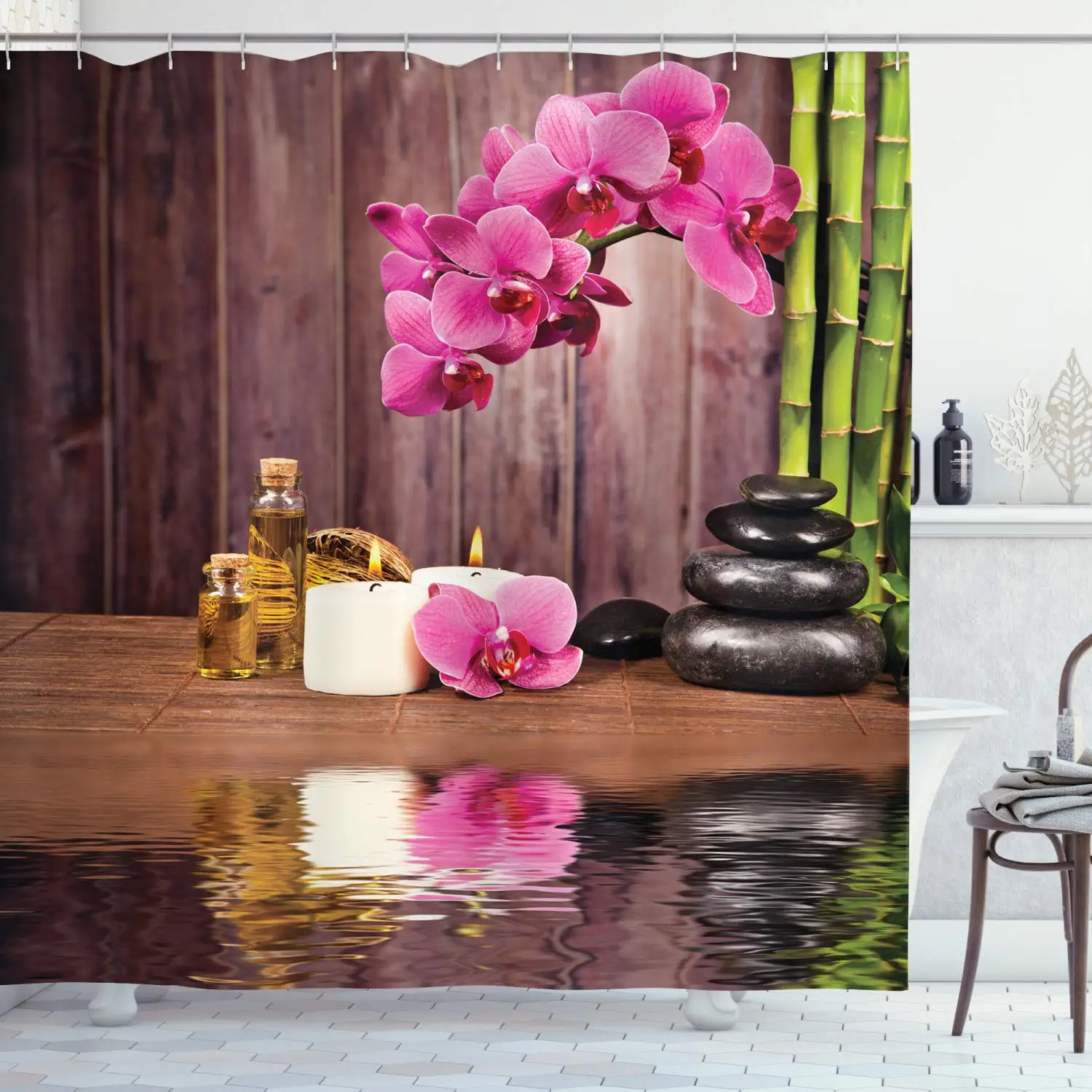 

Spa Shower Curtain, Spa Flower and Water Reflection Aromatherapy Bamboo Blossom Candlelight Print, Cloth Fabric Bathroom Decor