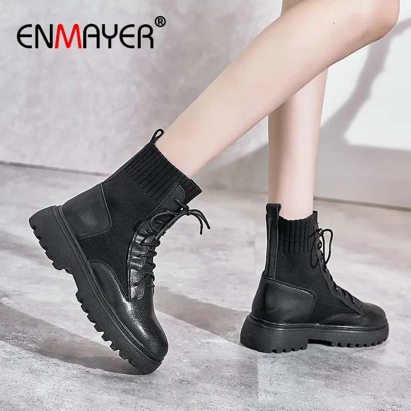 

ENMAYER 2019 Platform Boots PU Lace-Up Motorcycle Boots Square Heel Patchwork Women Winter Boots Stretch Fabric Shoes Size 34-43