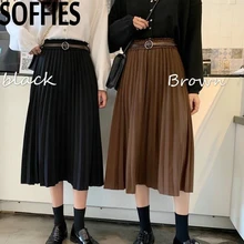 Высокая талия Длинный Сплошной Цвет вязания юбка коричневый черный цвет гофрированные длинные юбки винтажные трикотажные юбки