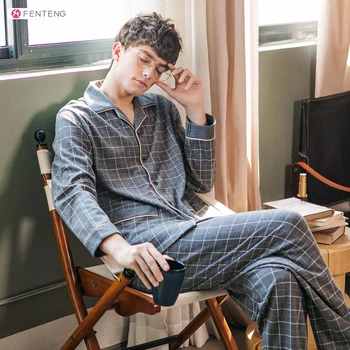 

FENTENG Autumn Pajamas For Men Causal Lapel Full Sleeve Loose Plaid Printed Pajamas Pajamas Men Set M98012000