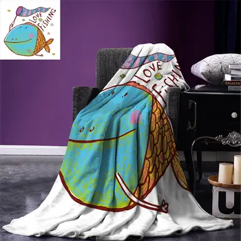 

Fishing Digital Printing Blanket Kids Cute Large Fat Fish Holding a Flag with Love Quote Humor Fun Nursery Theme Summer Quilt