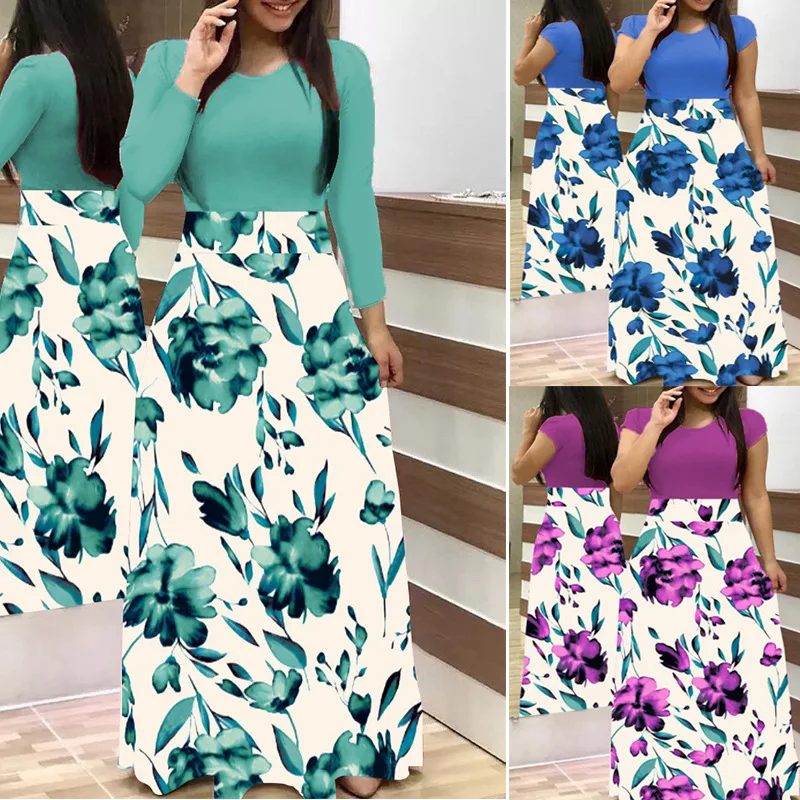 LOSSKY Plus Size Women's Summer Print Stitching Flower Casual Long Dress 2019 Vestido Bodycon Elegant Sexy Lady Maxi Dress Women