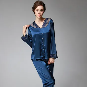 

4xl Plus Size Women Pajama Set Satin Lace Elegant Long Sleeve Suit Pyjamas Home Clothing 2pcs Sleep Set Nightwear Sleepwear