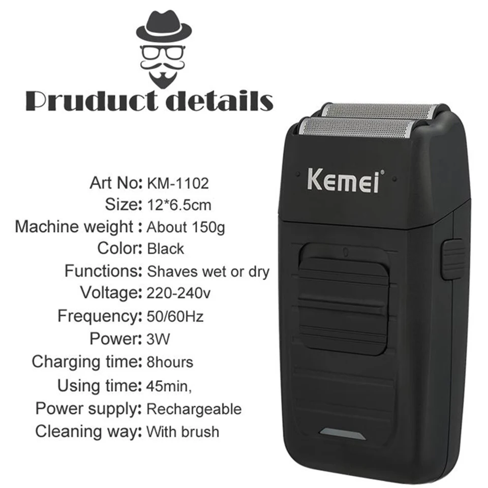 Kemei KM-1102 Аккумуляторная Беспроводная Бритва для мужчин с двумя лезвиями, возвратно-поступательная Бритва для бороды, уход за лицом, многофункциональный мощный триммер